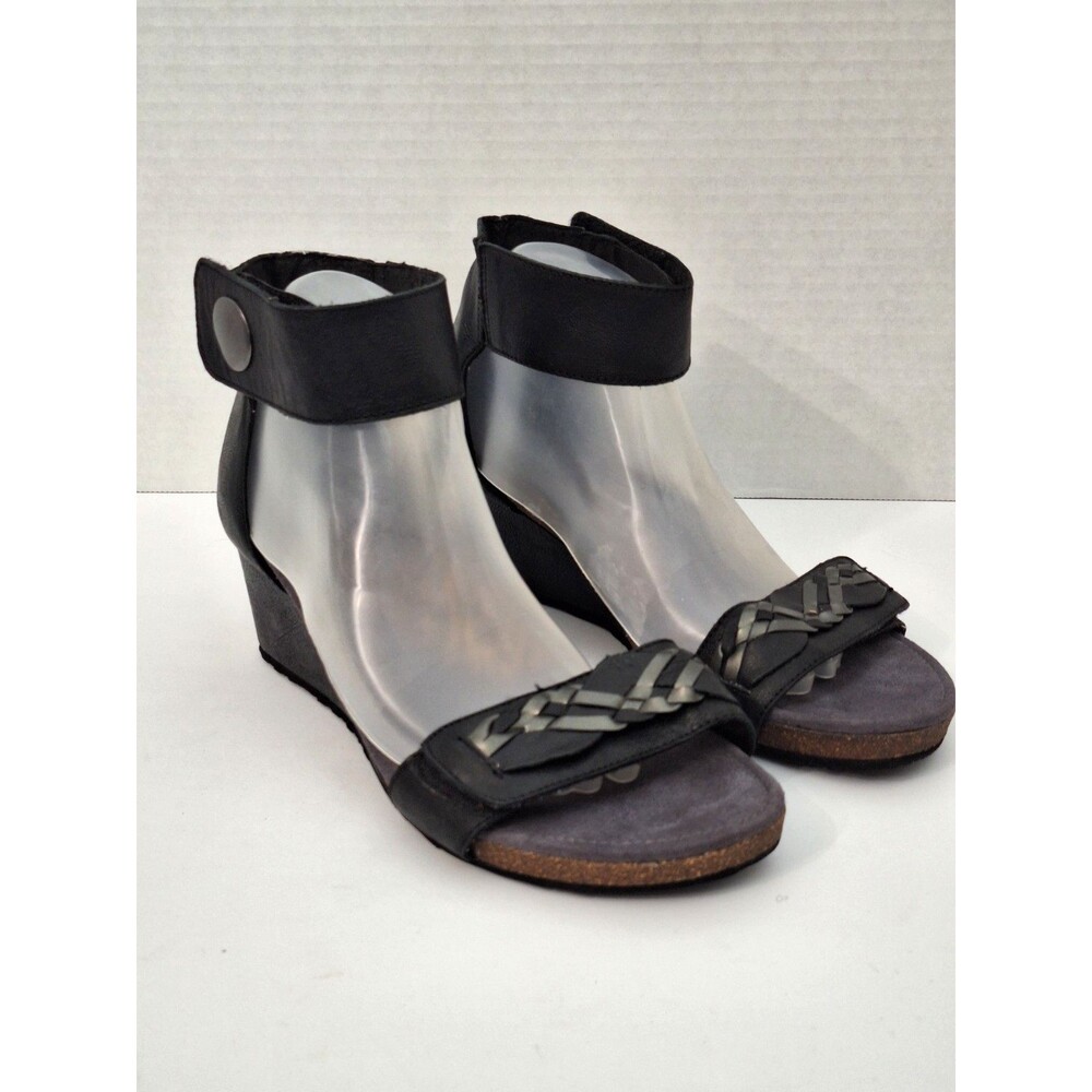 Aetrex Sandals Wedge Heels Women Size 42 US 10.5-11 Black Leather Ankle Strap